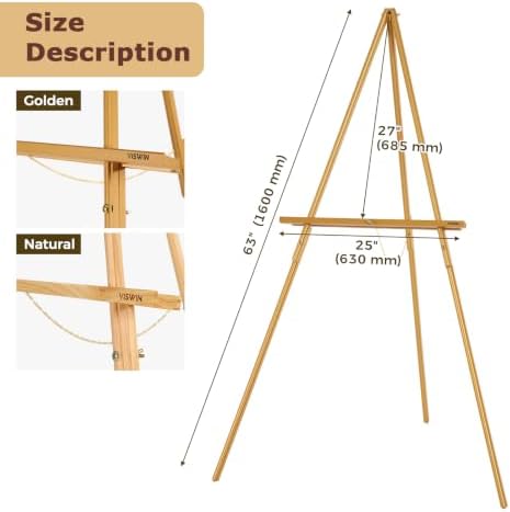 VISWIN 3Pcs 63" Gold Easel Stand for Wedding Signs, Adjustable Wooden Display Easel with Holder, Tripod Floor Easel for Welcome Board, Poster, Picture, Photos, Paintings - Image 2