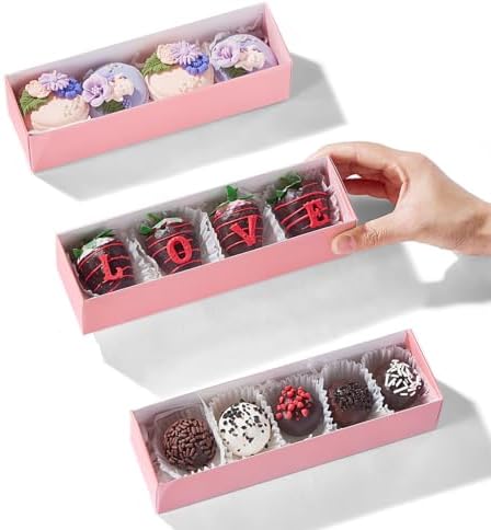 TEMLQPACK 50Pack Pink Chocolate Covered Strawberry Box for 4, Macaron boxes, Long Treat Box for Truffles, Cookies, Ores, Chocolate Cocoa Bombs&Cake Ball Bakery Packaging Supplies by TEMLQPACK