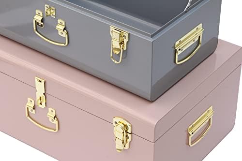 Vixdonos Decorative Metal Box Storage Trunks Set of 2 College Dorm Chest with Lock Hole,23.7X14.2X9.5 Inches(Grey and Pink) - Image 3