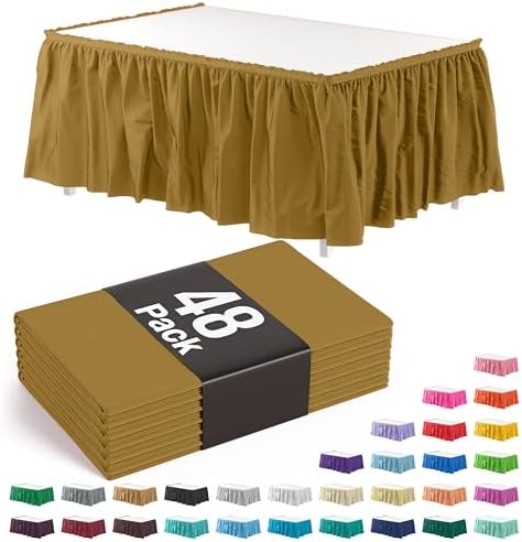 Exquisite Gold Table Skirt 48 Pack - Disposable Plastic Table Skirts for Rectangle Tables 6ft 8ft & Round Tables - 29in x 14ft Self-Adhesive Strip - Birthday Wedding Gender Reveal Decor by Exquisite