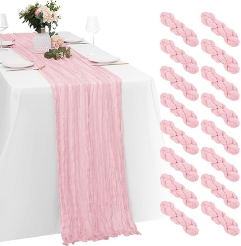 16 Pack Light Pink Cheesecloth Table Runners 20x120 Inch Gauze Table Runner Cheese Cloth 10FT Pink Table Runner Rustic Sheer Runner for Wedding Birthday Party Baby Shower Table Decor by Yorcari