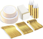SUT 350 PCS Elegant White and Gold Disposable Dinnerware Set - Premium Dinner & Salad Plates, Cups, Napkins & Cutlery for 50 Guests - All-Inclusive Party Plastic Plates by SeeYouTomorrow