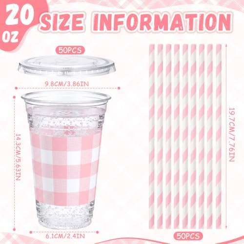 Funnymoom 50 Sets 20 oz Pink Gingham Plastic Cups with Lids & Paper Straws - Image 3