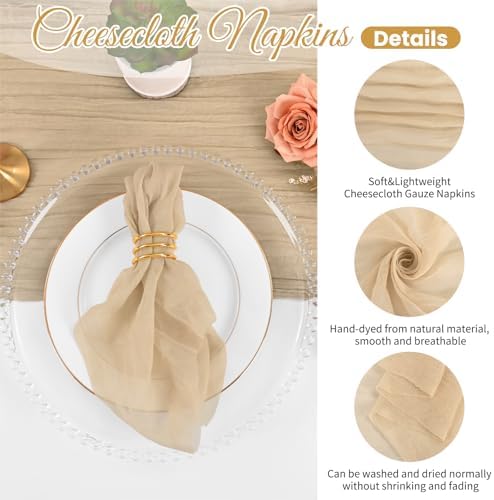 Cloth Napkins Set of 12 Beige Napkins 20x20inch Cheesecloth Napkin Rustic Boho Gauze Washable Dinner Napkin Cloth Bulk for Wedding Party Bridal Baby Shower Thanksgiving Table Decor - Image 3