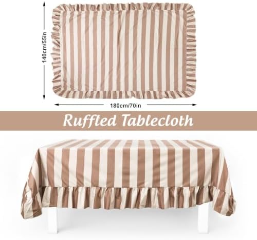 JarThenaAMCS Ruffle Tablecloth Table Cloth Beige Brown Striped Rectangle Decorative Table Cover for Baby Shower Home Kitchen Farmhouse Party Wedding Decor, 55 x 70 Inch - Image 2