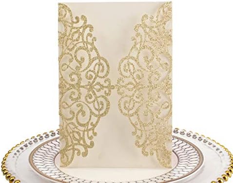 50pcs 5x7 Wedding Invitations Cards Laser Cut Pocket only, No Envelope,No Insert for Wedding Bridal Shower Engagement Birthday Invite (Champagne Gold Glitter) by Unknown