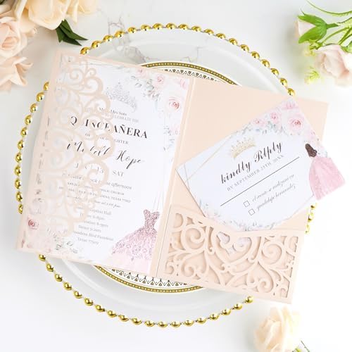 50PCS Pink Laser Cut Wedding Invitation with Envelopes and Rsvp Cards by AdasBridal