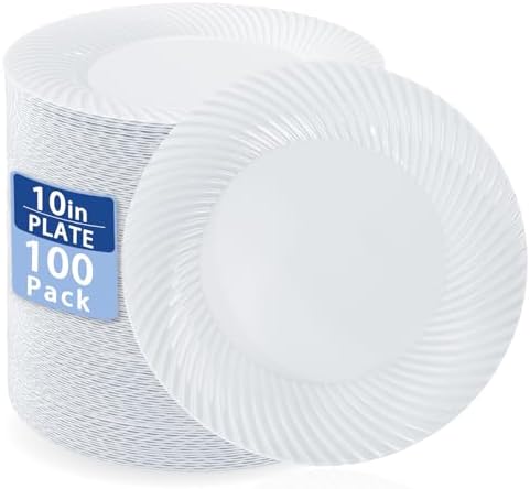 IOOOOO 100Pcs 10" White Plastic Dinner Plates,Disposable Plates for Party by I00000