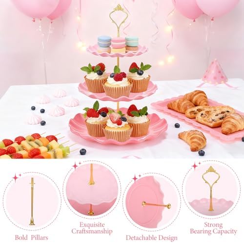 FoldTier 6 Pack Cupcake Stand Set 3 Pcs 3 Tier Gradient Dessert Table Display Stands Cookie Tray Rack 3 X14 in Rectangle Party Trays for Wedding Birthday Tea Party Baby Shower (Pink,Round) - Image 3