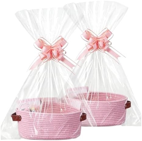Empty Gift Basket Kit, 2-Pack Woven Storage Bin with Leather Handles Clear Cello Bags Pull Bows for Wrapping Presents Baby Shower Holiday - Image 4