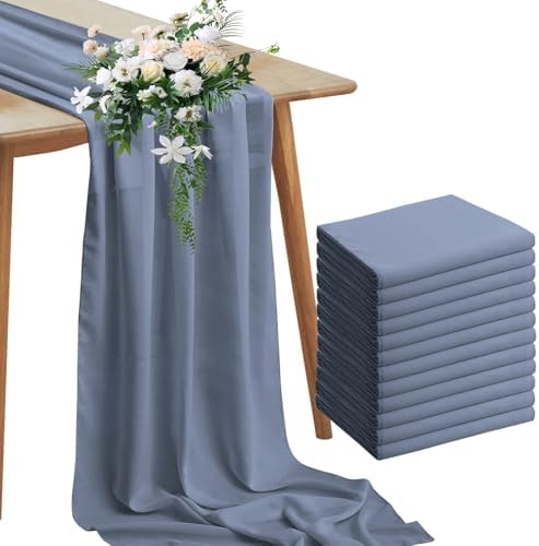 Horbaunal 12 Pack Dusty Blue Chiffon Table Runners 10FT, 29x120 Inches by Horbaunal