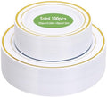White Gold Rim Disposable Plates, 100Pcs Dinner 10.25" & Dessert 7.5" by Moretoes