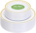 White Gold Rim Disposable Plates, 100Pcs Dinner 10.25" & Dessert 7.5" by Moretoes