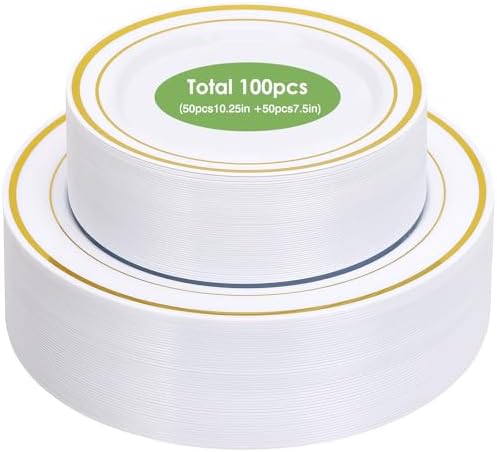 White Gold Rim Disposable Plates, 100Pcs Dinner 10.25" & Dessert 7.5" by Moretoes