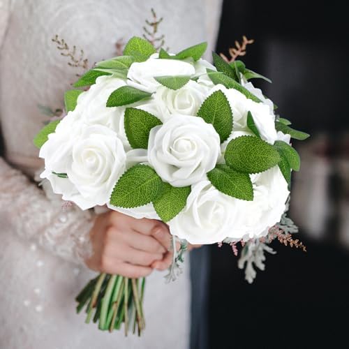 100 Pcs Artificial Foam Rose Flower Faux Bouquet Wedding Fake Rose Gift for Mother's Day Women DIY Bridal Shower Party Table Birthday Home Spring Decor (White) - Image 3