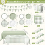 Potchen 392 Pcs Sage Green Gingham Party Supplies Tableware Set Serves 48 - Image 3