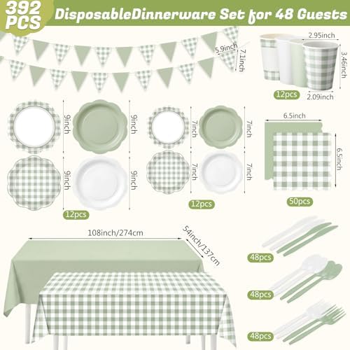 Potchen 392 Pcs Sage Green Gingham Party Supplies Tableware Set Serves 48 - Image 3