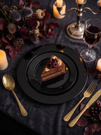 FLOWERCAT 100PCS Black Plastic Plates - Heavy Duty Black Disposable Plates for Birthday Party/Wedding/Halloween- serve 50guests 10 inch and 7 inch Set - Image 4