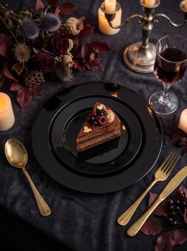 FLOWERCAT 100PCS Black Plastic Plates - Heavy Duty Black Disposable Plates for Birthday Party/Wedding/Halloween- serve 50guests 10 inch and 7 inch Set - Image 4