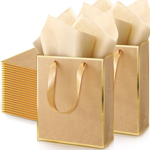 Yeaqee 50 Pcs Metallic Paepr Gift Bags Bulk with Handles,Kraft and Gold by Yeaqee