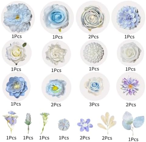 Artificial Flower Combo Box, Blue White Roses & Dahlias with Stems - Image 7