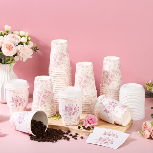 50Pcs Pink Floral Disposable Coffee Cups with Lids and Sleeves - Image 3