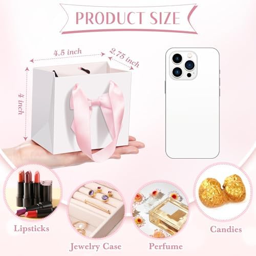 Kolldenn 50 Pcs Small Gift Bags Bulk with Bow Ribbon Handles, White Pink - Image 5
