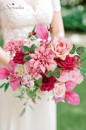 Serwalin 2Pcs Artificial Flowers Hot Pink Silk Fake Flowers for Wedding - Image 2