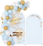 Set of 2 Arch Backdrop Covers Adventure Awaits Baby Shower Arch Stretchy Cover Airplane Travel Map Theme Birthday Party Decorations (7.2FT & 6.6FT,Blue) - Image 3