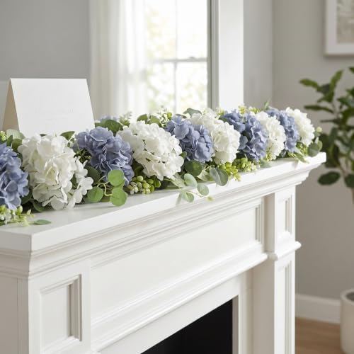 Artificial Hydrangea Flower Garland with Eucalyptus & Baby’s Breath 2PCS 6FT Floral Vines Greenery Garland for Mantel Wedding Arch Table Centerpiece Coastal Home Outdoor Decor (2, Dusty Blue & White) - Image 7