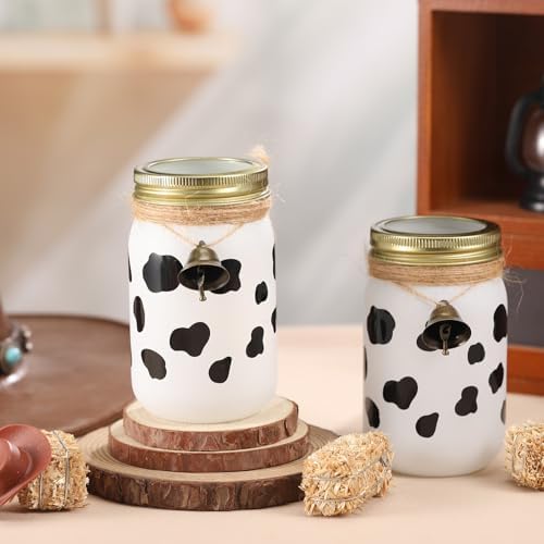 Chunful 6 Pcs Western Cowboy Mason Jars Centerpieces with Brass Bells for Table Cowboy Baby Shower Decorations Cow Print Western Theme Party Baby Shower Table Centerpieces - Image 5