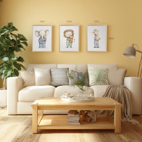 PORENY Baby Animal Nursery Wall Art Set of 3, Elephant Lion Giraffe Canvas Prints, Cute Safari Animals Wall Decor, Woodland Nursery Artwork for Bedroom Kids Room Playroom Wood Framed 16x24 Inch - Image 6
