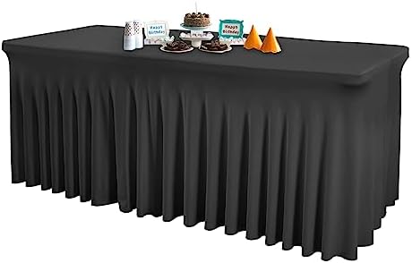1 Pack Black Table Clothes for 8 Foot Rectangle Tables, Wrinkle Resistant Stretch Spandex Table Covers Fitted Tablecloth with Skirt for Event Banquet Wedding Birthday Party by PartyTalk