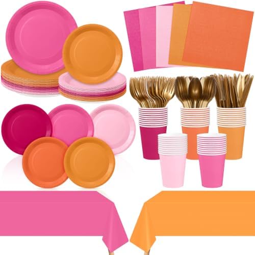 Mimorou 177 Pcs Pink and Orange Party Supplies Sunset Tableware Set by Mimorou