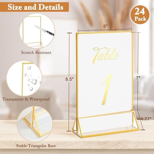 Floroom 24 Pack 5x7 Inch Clear Acrylic Sign Holders, Gold Border Double-Sided Vertical Picture Frames & Display Stands for Table Numbers, Photos, Menus, Flyers, Weddings, Parties & Events - Image 2
