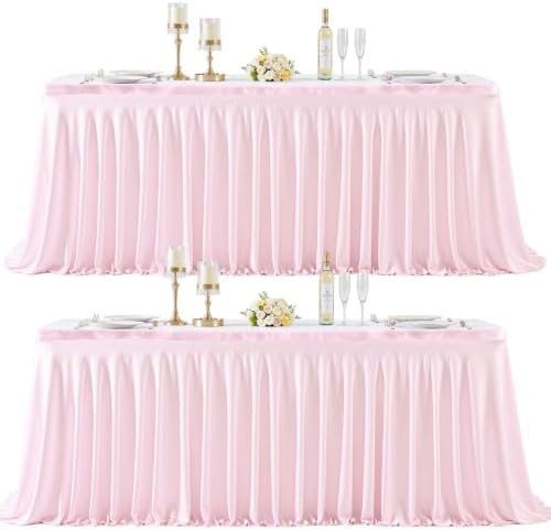 2 Panels Pink Desk Skirt for Teacher Desk 6ft Table Skirts for Rectangle Tables 6ft Spandex Curtain Table Skirt for Classroom Ruffle Fabric Tablecloth for Party Wedding Baby Shower Decorations by Tao-GePartyDecorations
