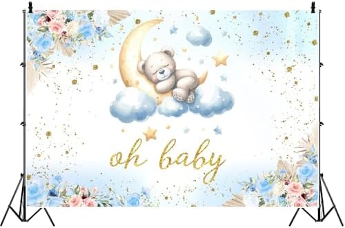 10x8FT Baby Shower Backdrop Oh Baby Sign Blue Bear Moon Star Cloud Background for Boys Girls Kids Gender Reveal Party Decorations Family Photo Booth Props - Image 5