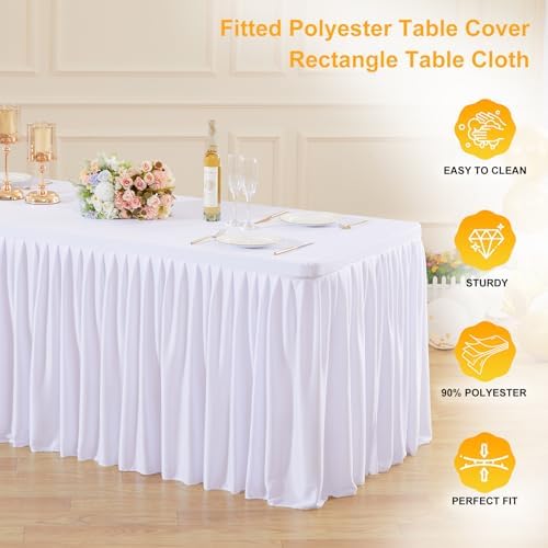 Wish Care White Polyester Table Clothes for 8 Foot Rectangle Tables, Wrinkle Free Fitted Table Cover with Pleated Ruffle Table Skirt for Birthday Party Wedding Trade Show Event Display - Image 4