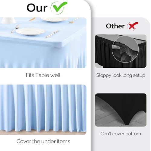 Wish Care 6 Pack Baby Blue Spandex Table Clothes for 8 Foot Rectangle Tables, 8FT Wrinkle Free Fitted Tablecloths Ruffles Design Table Cover for Party, Banquet, Wedding and Events - Image 3
