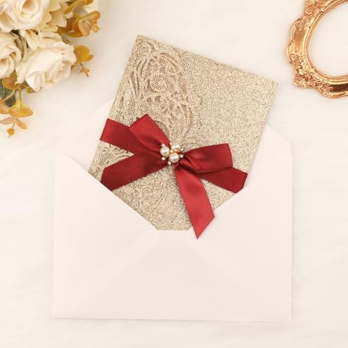 25Pcs Gold Glitter Wedding Invitations with Burgundy Ribbons Pearl, Blank - Image 5