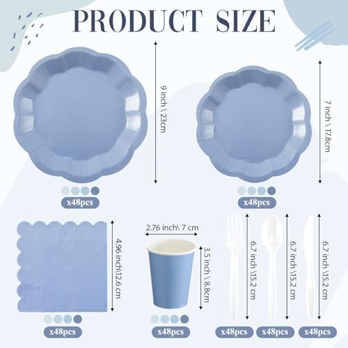 336 Pcs Dusty Blue Gradient Disposable Dinnerware Sets for 48 Guests, Blue Party Supplies Include Paper Plates, Cups, Napkins and Plastic Cutlery for Wedding, Birthday, Baby Shower Party - Image 2