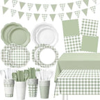 Potchen 392 Pcs Sage Green Gingham Party Supplies Tableware Set Serves 48 by Potchen