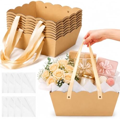 Fuyoo 8 Pack Kraft Basket for Gifts Empty 10x8" Thick Scalloped Gift Bags by Liraitoya