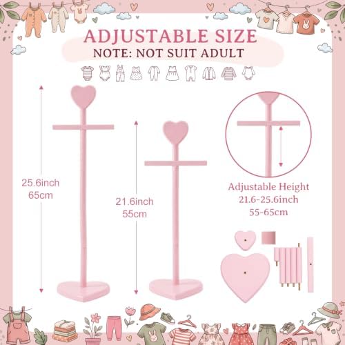 Fuutreo 2 Packs Baby Clothes Display Stands Heart-Topped Baby Shower Centerpiece Babies Clothes Rack with Bow Wooden Adjustable Outfit Hangers Display for Layette Dress, Hand Assembled (Pink) - Image 2