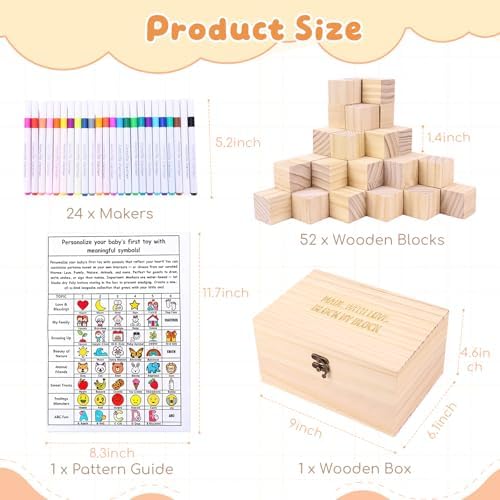 79 PCS Baby Shower Game Kit, Fun Baby Shower Blocks Decorating Game Includes 52 Wooden Blocks, 24 Markers, 1 Game Sign, 1 Storage Box and 1 Pattern Guide, Natural Wood - Image 4