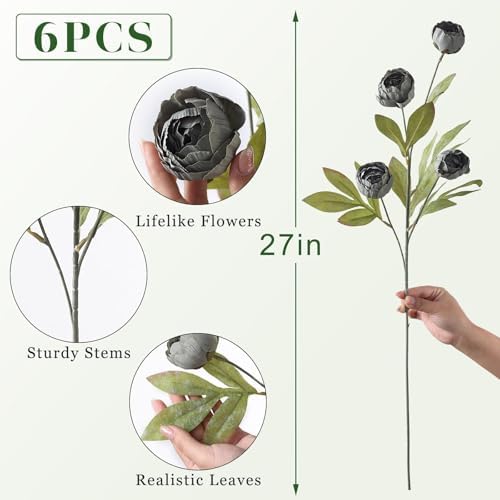 6 Pcs 27" Faux Silk Peony Artificial Flowers Stems for Vase (Dark Gray) - Image 5