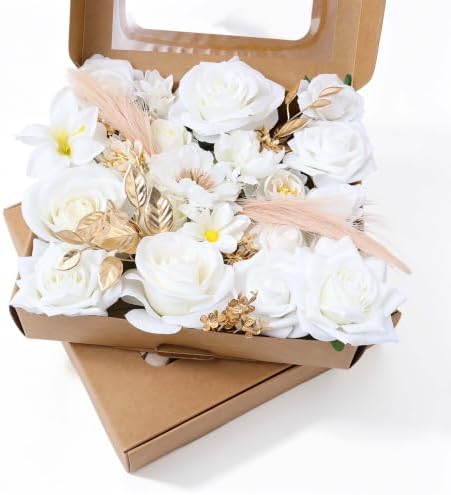 SwanMoon 2Boxs Artificial Flowers Combo Box Set, 33pcs Pure White Flowers Mix Silk Roses & Peony with Stems for DIY Wedding Bouquets, Baby Shower, Party Centerpieces & Home Decor by SwanMoon