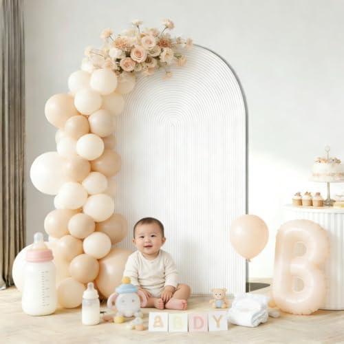 Double-Sided Arch Frame Fabric Cover Beige White Ripples Arched Panel Stand Cover for Wedding Birthday Baby Shower Parties Decoration (White-HP461,4X7ft) - Image 3