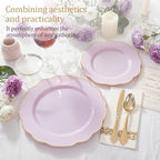 NOCCUR 175PCS Purple Plastic Plates with Gold Disposable Silverware - Include 50 Lavender and Gold Plastic Plates,25 Knives,25 Forks,25 Spoons,25 Cups and 25 Napkins - Wedding/Party/Spring - Image 3