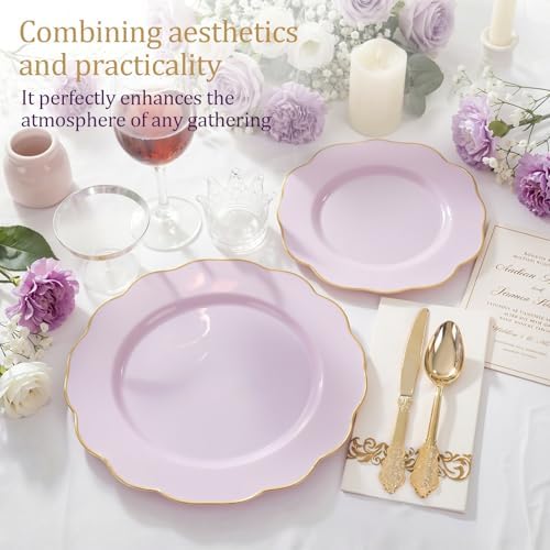 NOCCUR 175PCS Purple Plastic Plates with Gold Disposable Silverware - Include 50 Lavender and Gold Plastic Plates,25 Knives,25 Forks,25 Spoons,25 Cups and 25 Napkins - Wedding/Party/Spring - Image 3